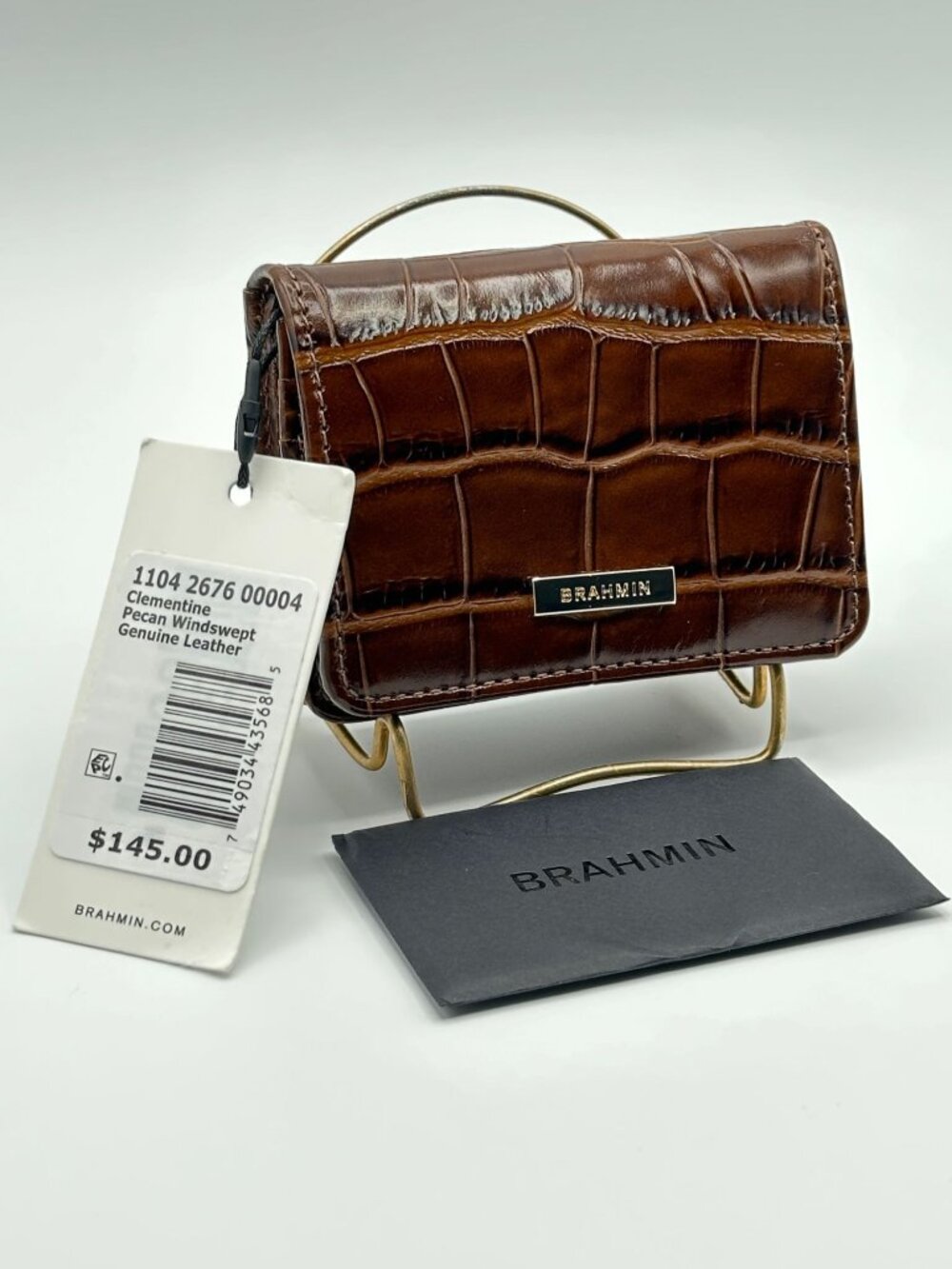 Brahmin Clementine Pecan Windswept Croc Embossed Leather Snap Flap Wallet NWT